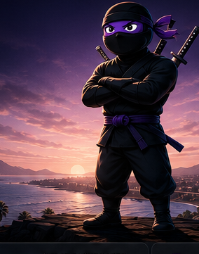 Odyssey Marketing ninja mascot standing above the Santa Barbara coastline at sunset