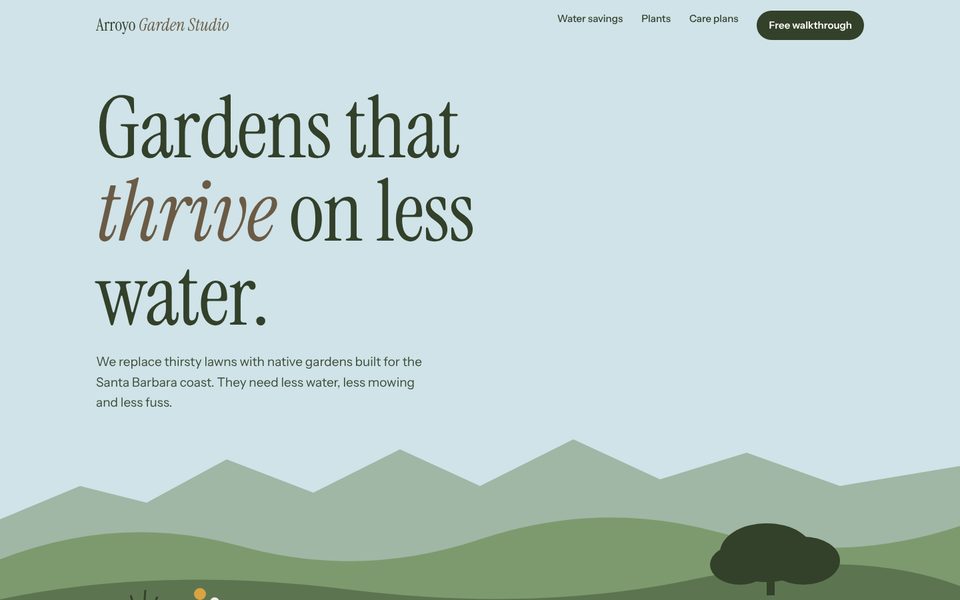 Arroyo Garden Studio homepage, a sample landscaping website