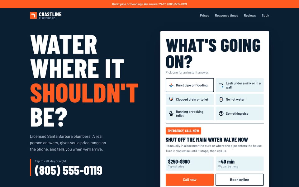 Coastline Plumbing Co. homepage, a sample plumbing website