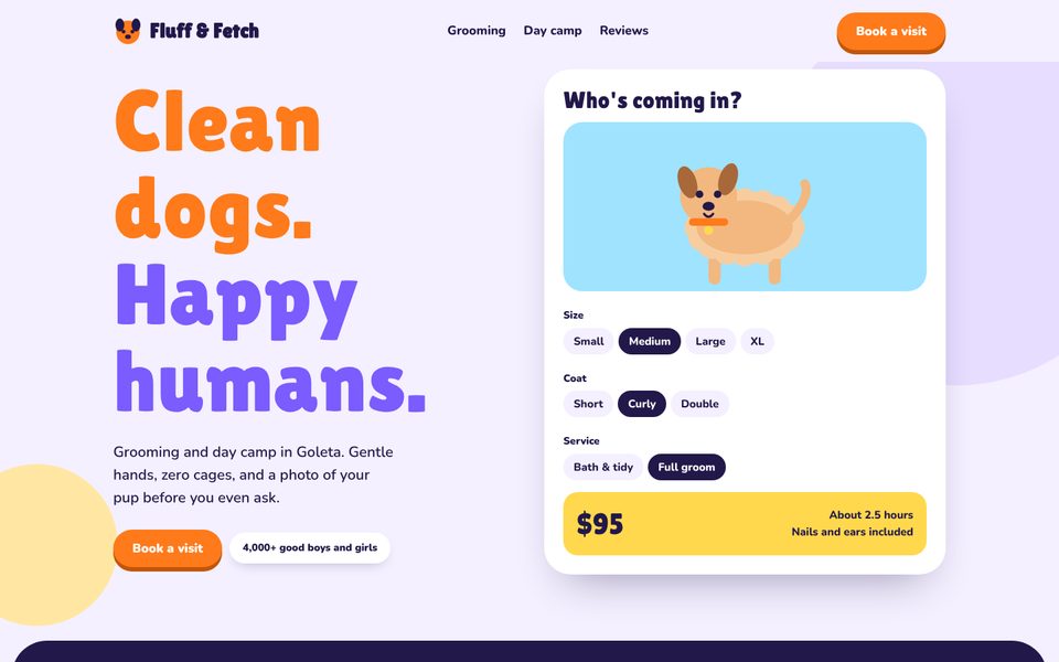 Fluff & Fetch homepage, a sample dog grooming website