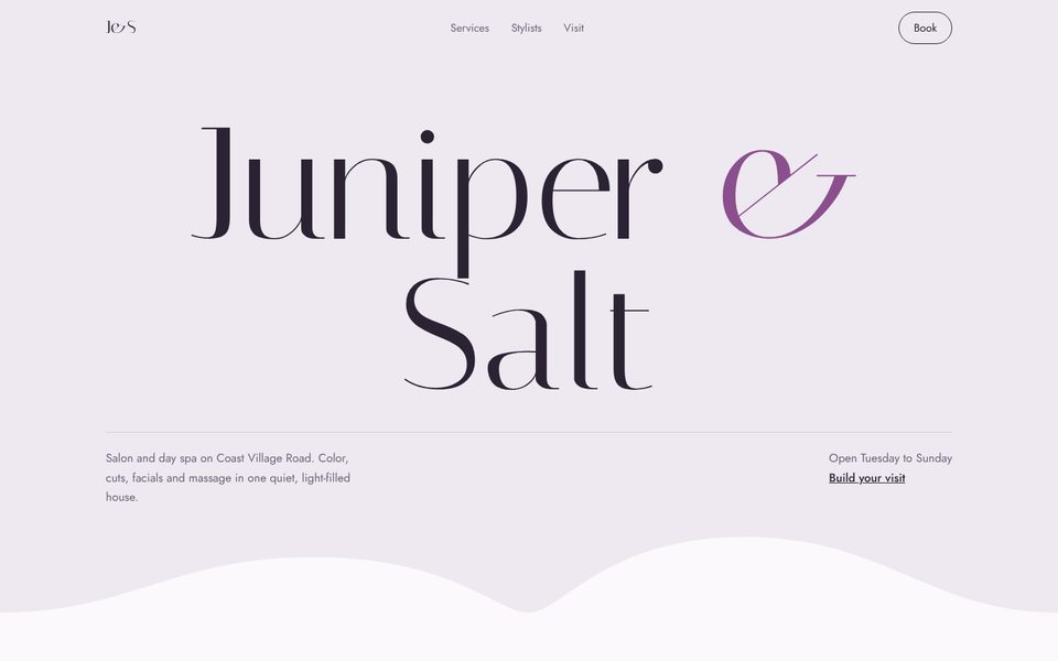 Juniper & Salt homepage, a sample salon & spa website