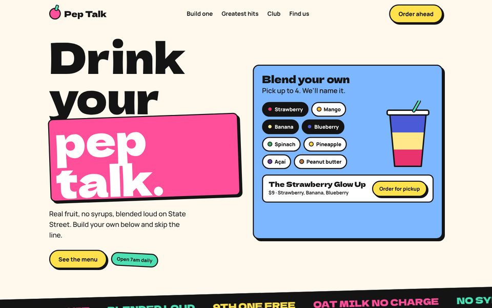 Pep Talk Smoothie Co. homepage, a sample smoothie bar website