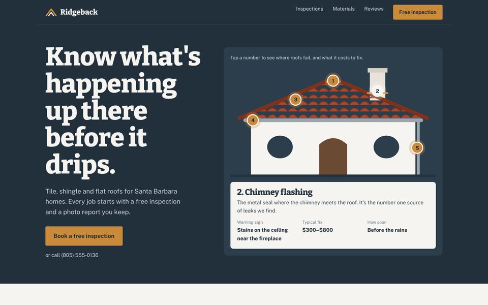Ridgeback Roofing homepage, a sample roofing website