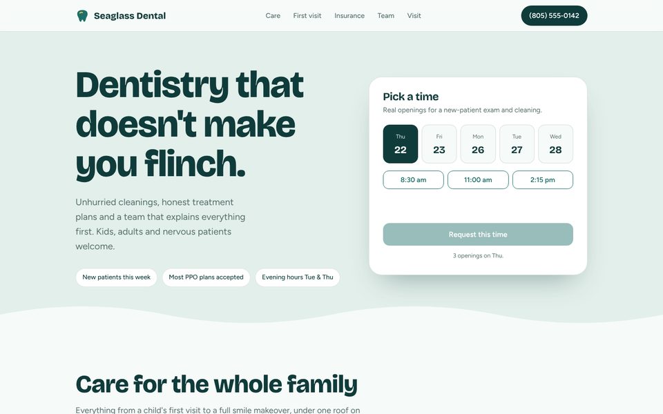 Seaglass Family Dental homepage, a sample dental website