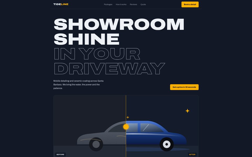 Tideline Mobile Detailing homepage, a sample auto detailing website